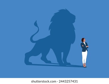 Female dreams of becoming a lion. Confident handsome young female standing shadow of a lion reflects leadership. Vector illustration