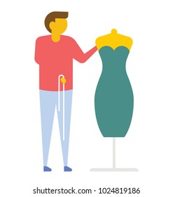 Female dress designer standing near a mannequin, icon representing a dress designer in flat design 