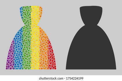 Female dress mosaic icon of round items in different sizes and spectrum colored color tinges. A dotted LGBT-colored Female dress for lesbians, gays, bisexuals, and transgenders.