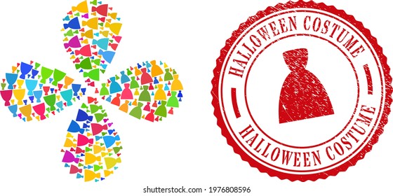 Female dress multi colored exploding flower with four petals, and red round HALLOWEEN COSTUME scratched stamp. Female dress symbol inside round watermark.