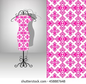 Female dress on hanger. Seamless pattern. Pink antique ornament.