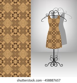 Female dress on hanger. Seamless pattern. Brown antique ornament.