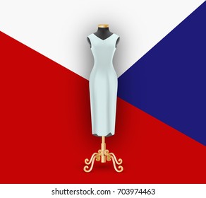 Female dress on the mannequin. Mock up for demonstration on geometric background pattern. Vector illustration