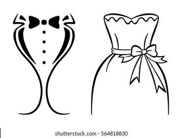 Female dress and vector silhouette tuxedo with black bow tie. Isolated draw in white background. Vector wedding icons. Wedding card