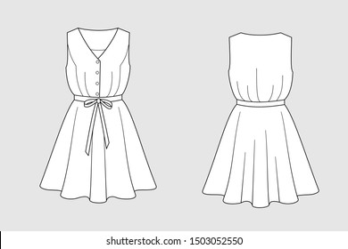 Female dress vector template isolated on a grey background. Front and back view. Outline fashion technical sketch of clothes model.