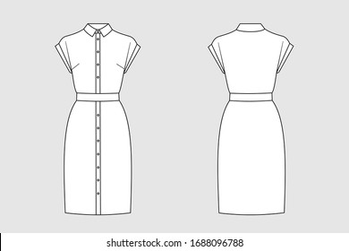 Female dress vector template isolated on a grey background. Front and back view. Outline fashion technical sketch of clothes model.