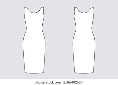 Female dress vector template isolated on a grey background. Front and back view. Outline fashion technical sketch of clothes model