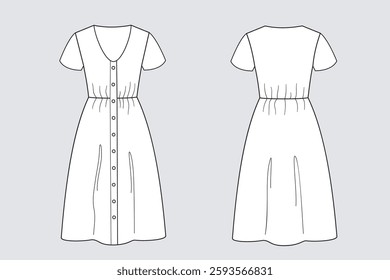 Female dress vector template isolated on a grey background. Front and back view. Outline fashion technical sketch of clothes model