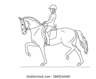 Female dressage rider is trotting on horse vector line art