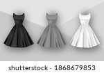 Female dresses mockup collection. Dress with puffy skirt with pleats. Realistic Festive 3d dress without sleeves. White, gray and black variation isolated on a grey background. Vector illustration