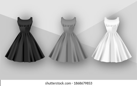 Female dresses mockup collection. Dress with puffy skirt with pleats. Realistic Festive 3d dress without sleeves. White, gray and black variation isolated on a grey background. Vector illustration svg