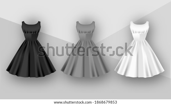 女性のドレスのモックアップコレクション ふわふわしたスカートにプリーツをつけたドレス 袖のないリアルなフェスティブ3dドレス グレイの背景に白 グレー 黒のバリエーション ベクターイラスト のベクター画像素材 ロイヤリティフリー