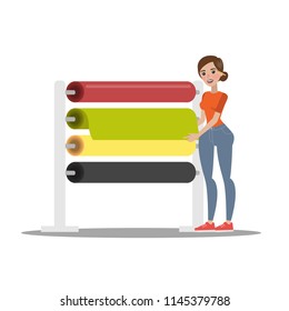 Female dressmaker choosing cloth. Tailor sewing green dress for a young lady. Working in atelier. Isolated flat vector illustration