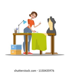 Female dressmaker cutting cloth with scissors. Tailor sewing green dress for a young lady. Working in atelier. Isolated flat vector illustration