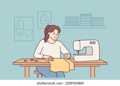 Female dressmaker or seamstress working on sewing machine in workshop. Smiling woman sewing sitting on table. Hobby and design. Vector illustration. 