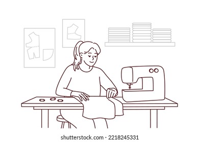 Female dressmaker or seamstress working on sewing machine in workshop. Smiling woman sewing sitting on table. Hobby and design. Vector illustration.