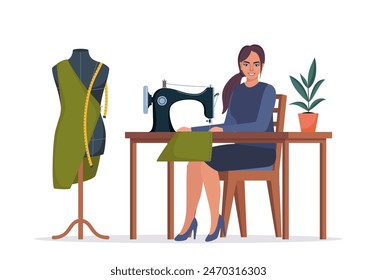 Female dressmaker or seamstress working on sewing machine. Smiling woman sewing sitting on table. Fashion designer at workplace. Young woman using sewing machine. Tailor with a mannequin. Vector