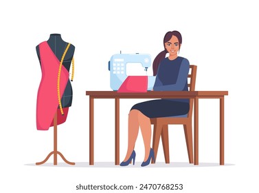 Mujer modista o costurera trabajando en la máquina de coser. Mujer sonriente que cose sentada en la mesa. Diseñadora de moda en el lugar de trabajo. Mujer joven que utiliza la máquina de coser. Sastre con un maniquí. Vector