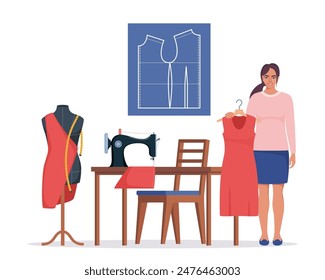 Female dressmaker or seamstress working on sewing machine. Smiling woman sewing sitting on table. Fashion designer at workplace. Young woman using sewing machine. Tailor with a mannequin. Vector