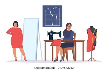 Female dressmaker or seamstress working on sewing machine. Seamstress client tries on a dress in front of a mirror in an atelier. Fashion designer at workplace. Tailor with a mannequin.