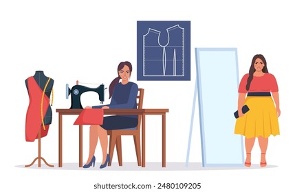 Female dressmaker or seamstress working on sewing machine. Seamstress client tries on a dress in front of a mirror in an atelier. Fashion designer at workplace. Tailor with a mannequin.