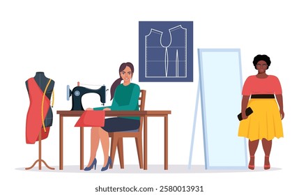 Female dressmaker or seamstress working on sewing machine. Seamstress client tries on a dress in front of a mirror in an atelier. Fashion designer at workplace. Tailor with a mannequin.