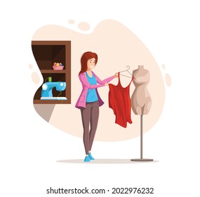 Female dressmaker sewing creative handmade clothes. Fashion designer, dressmaker, seamstress tries on sketches clothes on mannequin. Clothing designer concept vector