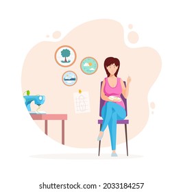 Female dressmaker sewing creative handmade clothes. Woman seamstress sewing cross stitch at home or atelier isolated cartoon vector