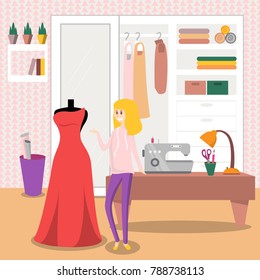 Female dressmaker sewing elegant red dress for her customer vector illustration, design element for poster or banner