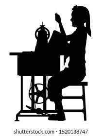 Female dressmaker with sewing machine silhouette vector