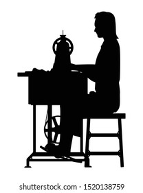 Female dressmaker with sewing machine silhouette vector