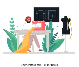 Female dressmaker work sewing machine at work in fashion atelier, clothing designer or tailor working. Vector illustration in flat cartoon style on trendy color.