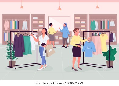 Female drive flat color vector illustration. Shopping habits. Ready-to-wear boutique. Following fashion trends 2D cartoon faceless characters with clothes emporium interior on background