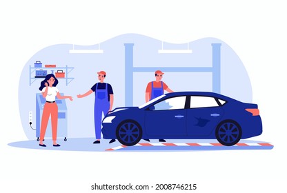 Female driver and broken car at auto service. Woman talking to mechanic, worker examining damaged vehicle flat vector illustration. Car repair concept for banner, website design or landing web page