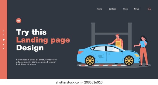 Female driver and broken car at auto service. Woman talking to mechanic, worker examining damaged vehicle flat vector illustration. Car repair concept for banner, website design or landing web page