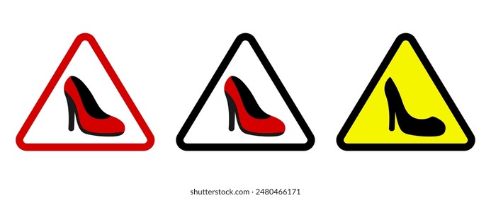 Señal de advertencia para conductora. Zapatos de tacón alto símbolo de carretera. Mujer en un icono de Vector de coche. Zapato femenino en etiqueta engomada de triángulo rojo.