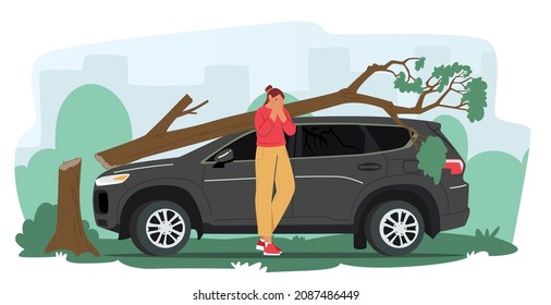 Female Driver Character Crying near Broken Car with Tree Fall on Automobile Roof. Nature Disaster, Accident, Accidental Damage, Dangerous Situation, Insurance. Cartoon People Vector Illustration