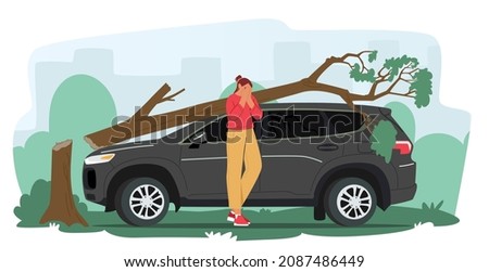 Female Driver Character Crying near Broken Car with Tree Fall on Automobile Roof. Nature Disaster, Accident, Accidental Damage, Dangerous Situation, Insurance. Cartoon People Vector Illustration