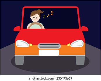 A female driver driving happily at night, vector illustration