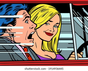 Female driver and male passenger. Cartoon comic book pop art illustration drawing