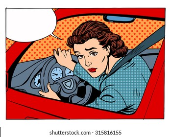 female driver offending transport traffic rules retro style pop art