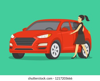 Female driver opens suv car front door. Isolated front view of a red car on parking. Flat vector illustration template.