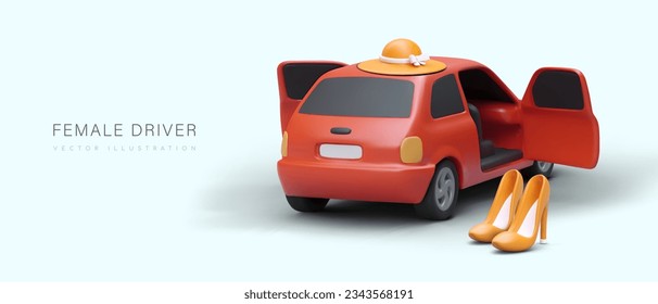 Female driver. Realistic red car, woman hat, high heels. Taxi services for women and children. Vector concept with place for text. Color illustration in positive style