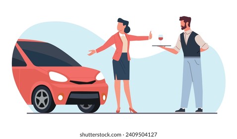 Female driver refuses alcohol and points her hand at car. Be responsible poster. Stop gesture, waiter hold wine. Dont drink cartoon flat isolated vector sobriety and awareness concept