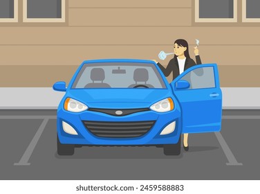 Conductor femenino que fuma al lado del coche sedán azul con la puerta delantera abierta. Vista frontal. Zona de aparcamiento exterior de la ciudad. Plantilla de Ilustración vectorial plana.