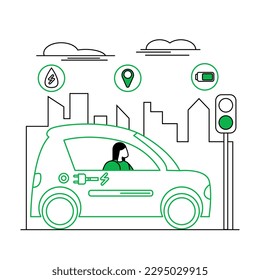 Female driver traveling in eco-friendly transport vehicle in city center. Faceless woman in electric car driving street at green lights. Flat vector illustration