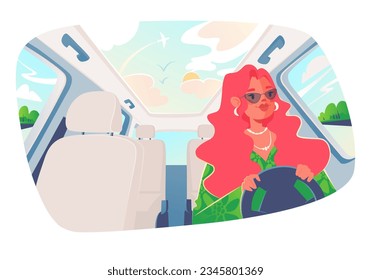 Female driver. Vector illustration in cartoon style with girl who drives car, sits on front seat behind wheel. Interior of car, view from inside. Character is going to work or rest on own automobile 