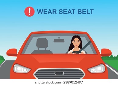 Female driver wearing seat belt while driving car vector design.