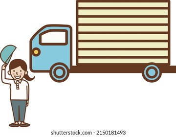 A female driver who raises a hat and greets in front of a truck.