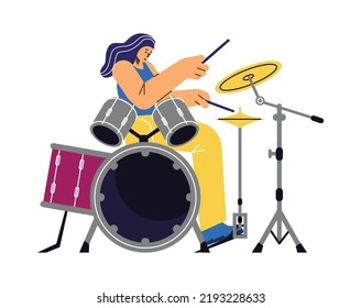 Female Drummer Playing Rock Music At Drum Kit With Sticks, Flat Vector Illustration Isolated On White Background. Concepts Of Drum School, Music Concert Or Festival.